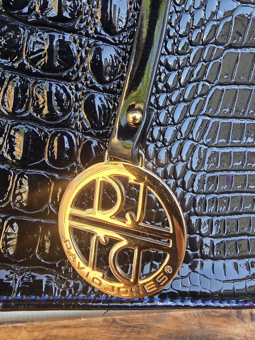 Black Blue Iridiscent Crocodrile Shoulder Bag with Gold Charm - Picture 9 of 16